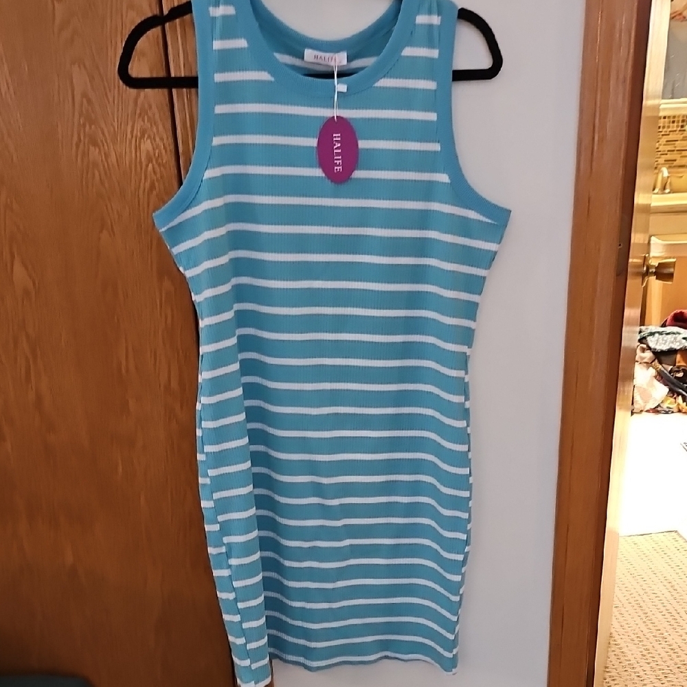 Alife Teal and White Striped Mini Dress